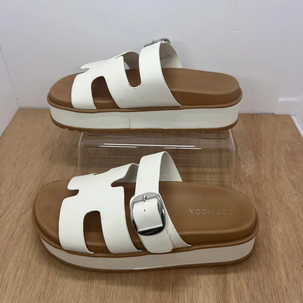 Top Moda Traci-25 Platform Sandals Women Size 7 White Good Buckle H-Strap Chunky
